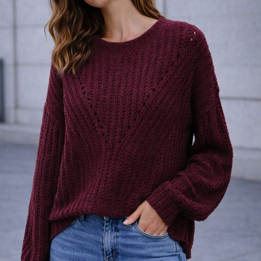 Love Tree Maroon Textured Knit Sweater | Cozy Long Sleeve | Size Small‎